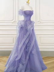 Off Shoulder Tulle Ruffles Purple Appliques Prom Dress