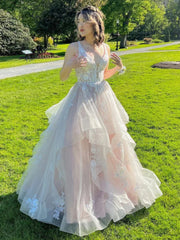 Appliques  High Low Champagne Ruffles Long Prom Dress