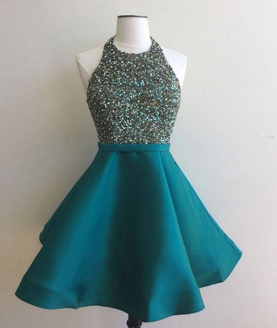 Custom made round neck sequin short green prom dress, homecoming dress - RongMoon