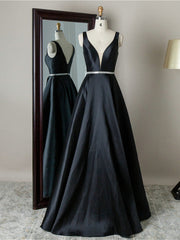 Black V Neck Beading Satin Prom Dress