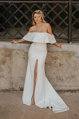 Off the Shoulder Satin Sexy Mermaid Wedding Dress with Slit