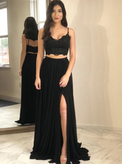 Lace A-Line Black Spaghetti Straps Two Piece Chiffon Prom Dress