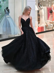 Black Lace V Neck Long A Line Prom Dress