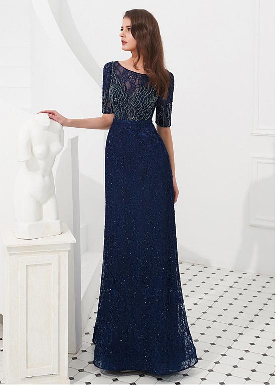 Tulle Bateau Navy Floor-length A-line Evening Dress