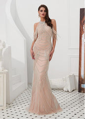 High Collar Beading Champagne Mermaid Evening Dress