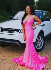 Backless Fuchsia Mermaid Satin Deep V-neck Prom Dress