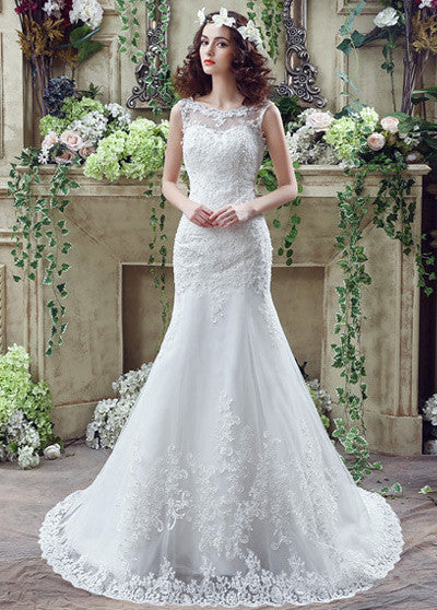 Elegant Tulle Bateau Neckline Mermaid Wedding Dresses With Beaded Lace Appliques