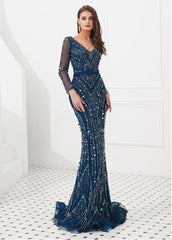 Lace V-neck Long Sleeve Blue Mermaid Evening Dress