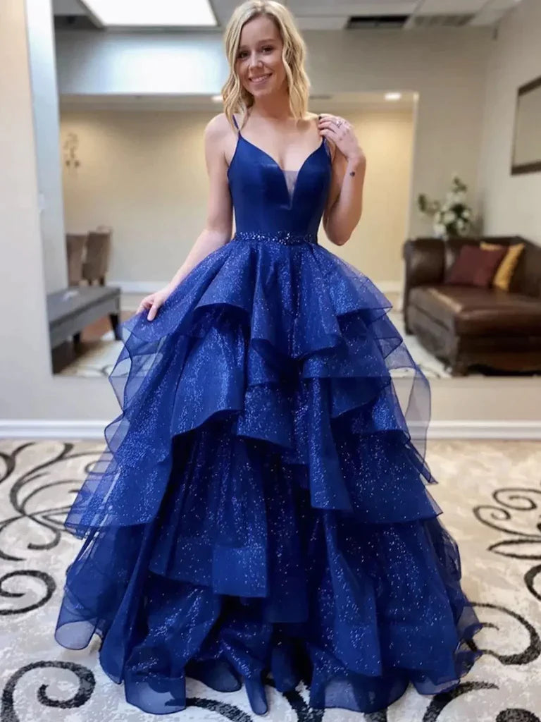 V Neck Royal Blue Backless Ruffles Long Prom Dress With Belt