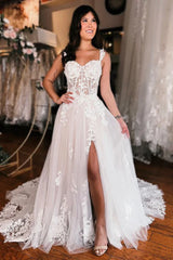 White Lace Off The Shoulder Wedding Dress with High Slit