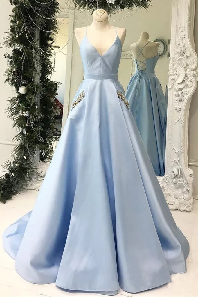 Satin A Line Beading Spaghetti Straps Sky Blue Pockets Prom Dress