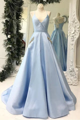 Satin A Line Beading Spaghetti Straps Sky Blue Pockets Prom Dress