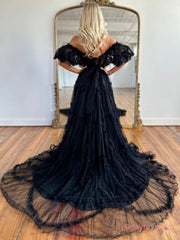 Off Shoulder Black Lace Short Sleeve Prom Dress