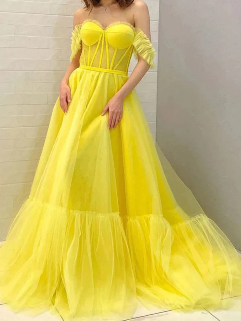 Off Shoulder Yellow Tulle Sheer A Line Layers Prom Dress