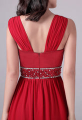 Red Long Boat Neck Satin & Chiffon A Line Beading Prom Dress