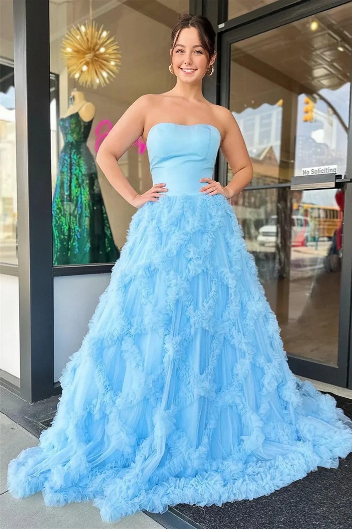 Light Blue Tulle Ruffle Long Strapless Prom Dress