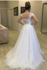 Tulle A Line Jewel Sheer Neck Floral Long Sleeves Wedding Dress