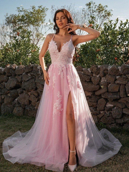 Tulle Pink Lace V Neck Backless Long Prom Dress