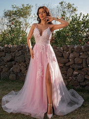 Tulle Pink Lace V Neck Backless Long Prom Dress