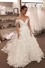 3D Flowers A Line Tulle Off The Shoulder Wedding Dress