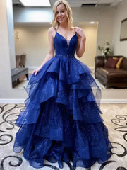 V Neck Royal Blue Backless Ruffles Long Prom Dress With Belt