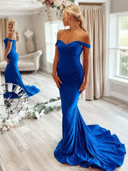 Blue Satin Off The Shoulder Trumpet Mermaid Prom Dress