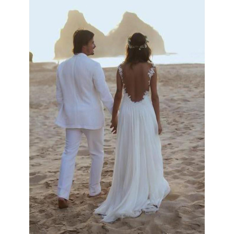 Princess Spaghetti Straps Backless Lace Chiffon Wedding Dress
