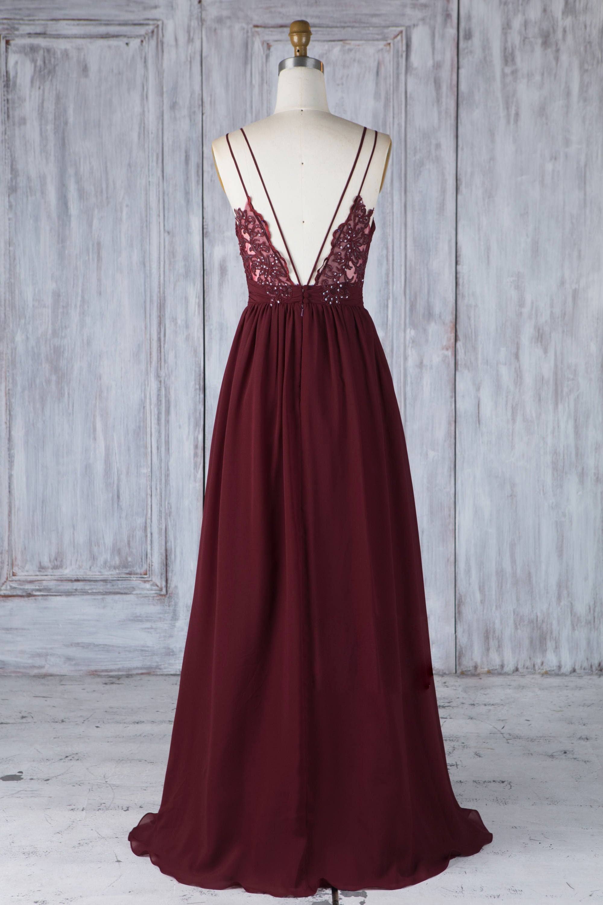 Burgundy tulle lace long prom dress burgundy lace evening dress - RongMoon