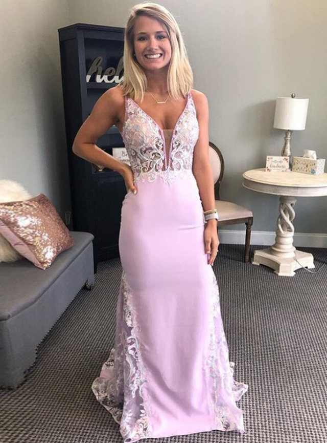 Lilac Light Purple Mermaid Satin V-neck Backless Appliques Prom Dress