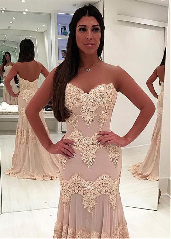 Tulle Sweetheart Champagne Floor-length Mermaid Evening Dress
