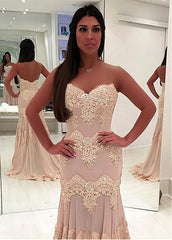Tulle Sweetheart Champagne Floor-length Mermaid Evening Dress