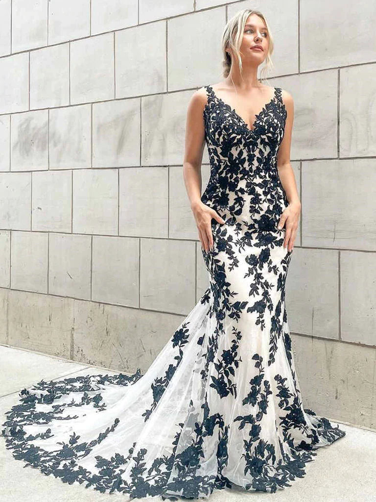 Black Sexy Long Trumpet Mermaid White Prom Dress