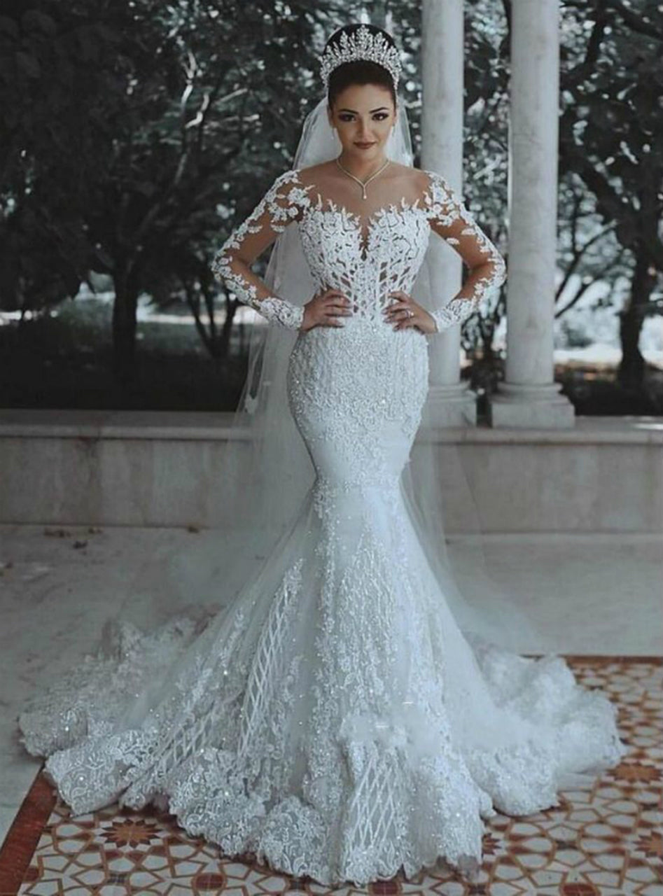 Long Sleeve White Mermaid Tulle Lace Appliques Wedding Dress