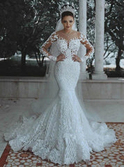 Long Sleeve White Mermaid Tulle Lace Appliques Wedding Dress