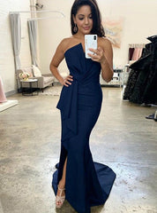 Long Navy Blue Strapless Pleats Mermaid Satin Prom Dress