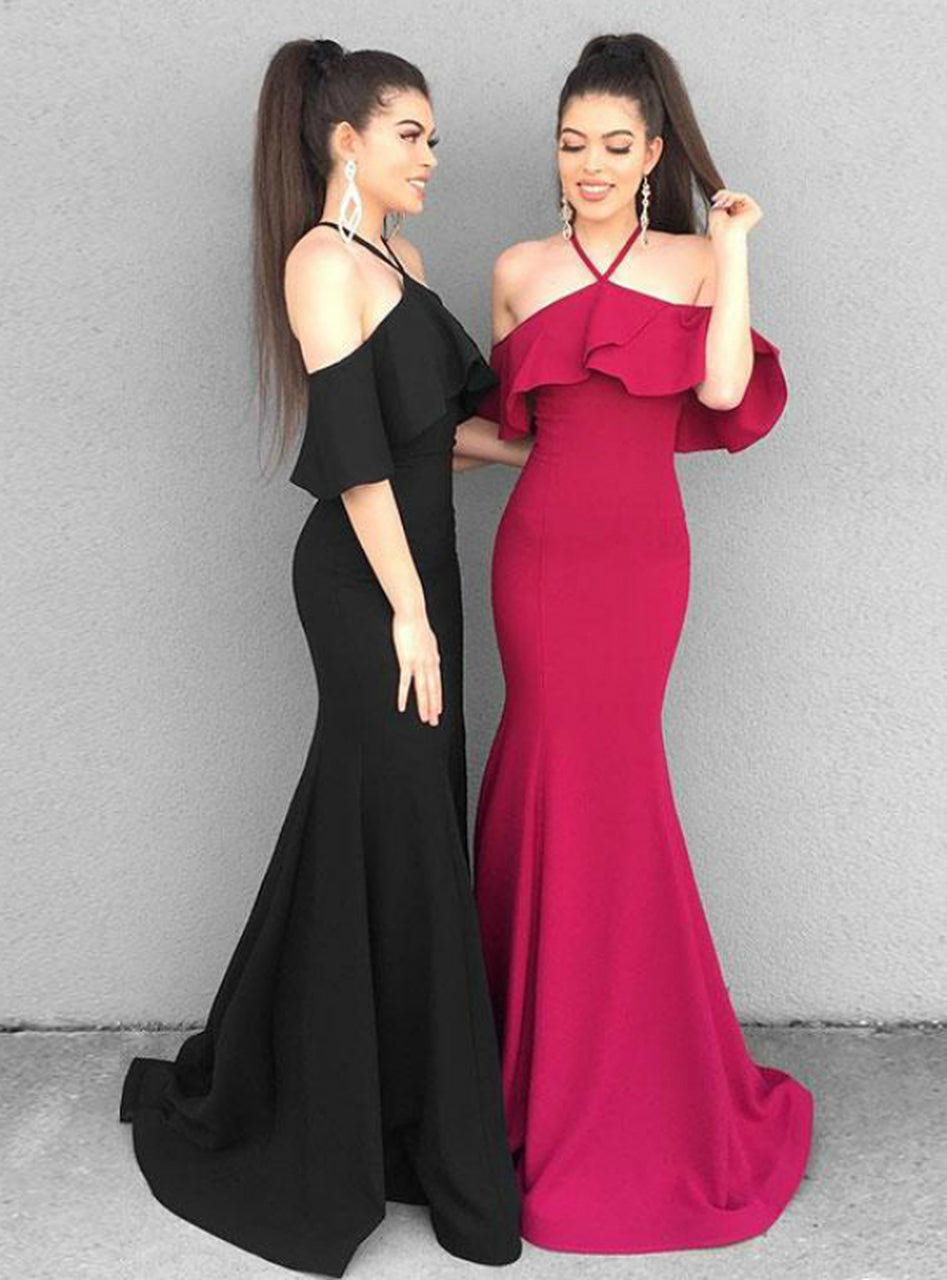 Mermaid Satin Halter Long Burgundy Simple Prom Formal Dress