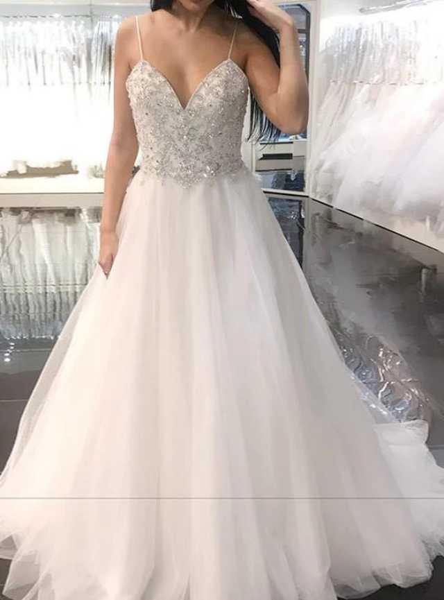 A-Line White Tulle Spaghetti Straps Beading Wedding Dress