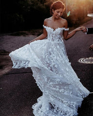 Off the Shoulder Long Flower A-line Tulle Appliques Wedding Dress