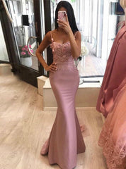 Appliques Pink Mermaid Spaghetti Straps Satin Prom Dress
