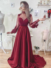 Long Sleeve A-Line Burgundy High Neck Backless Prom Dress