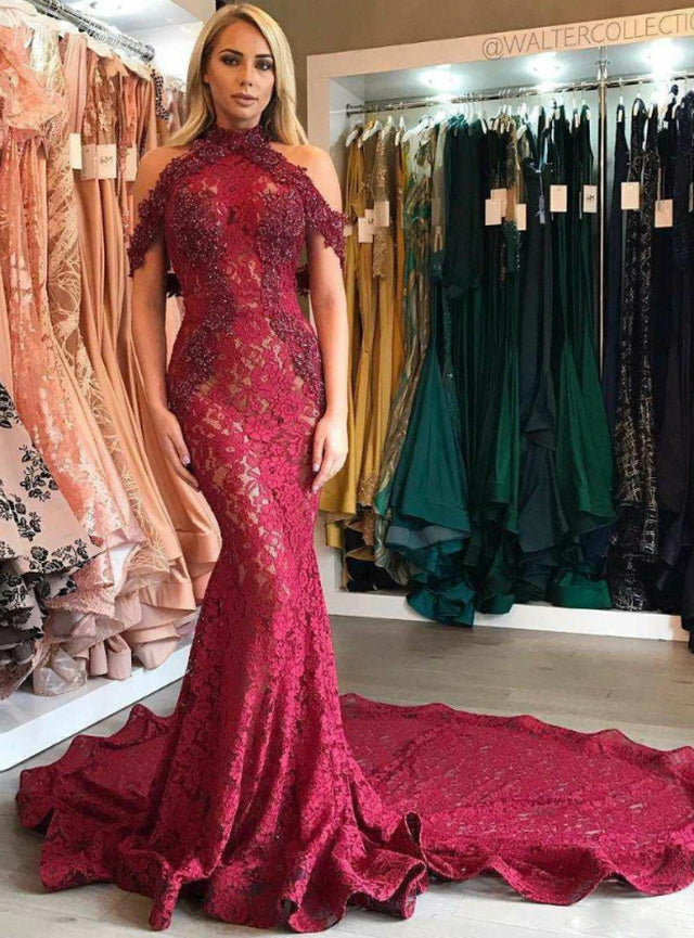 Burgundy Mermaid Lace Halter Beading Appliques Prom Dress