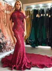 Burgundy Mermaid Lace Halter Beading Appliques Prom Dress