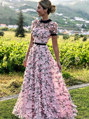 Pink Short Sleeves 3D Flowers A Line Round Neck Prom Dress