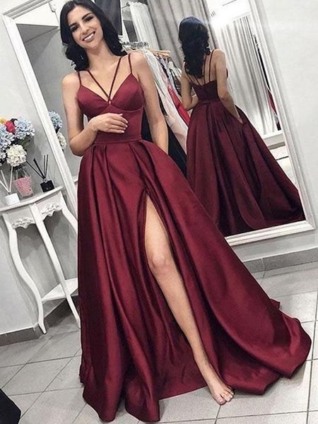 Pockets Spaghetti Straps Satin Burgundy A Line V Neck Prom Dress