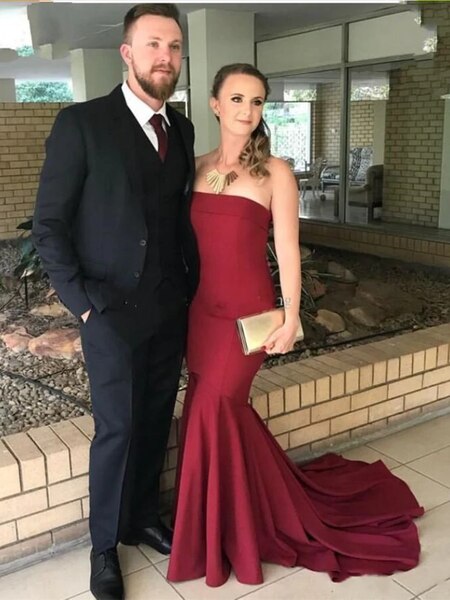 Strapless Mermaid Burgundy Satin Sweep Train Prom Dress