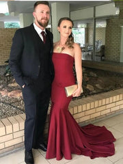 Strapless Mermaid Burgundy Satin Sweep Train Prom Dress