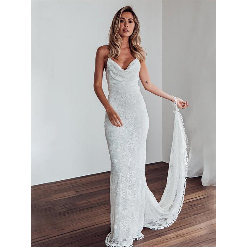 Sheath Column Lace Spaghetti Straps Wedding Dress