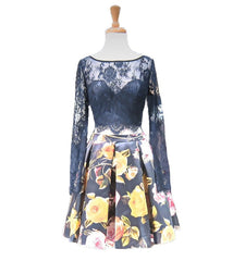 Floral Long Sleeve Short Homecoming Dresses
