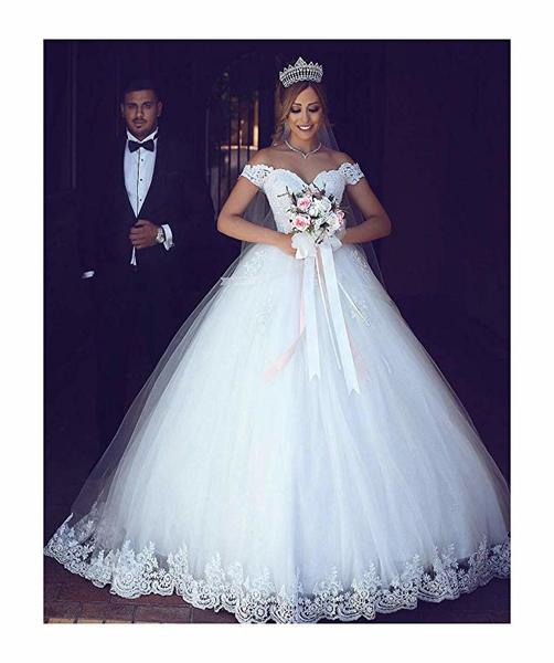 White Off Shoulder Ball Gown Lace Applique Bridal Wedding Dress
