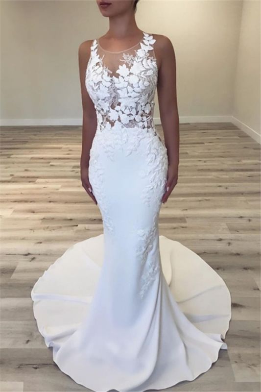 Sheer Back Satin Appliques Sexy Sleeveless Mermaid Wedding Dress